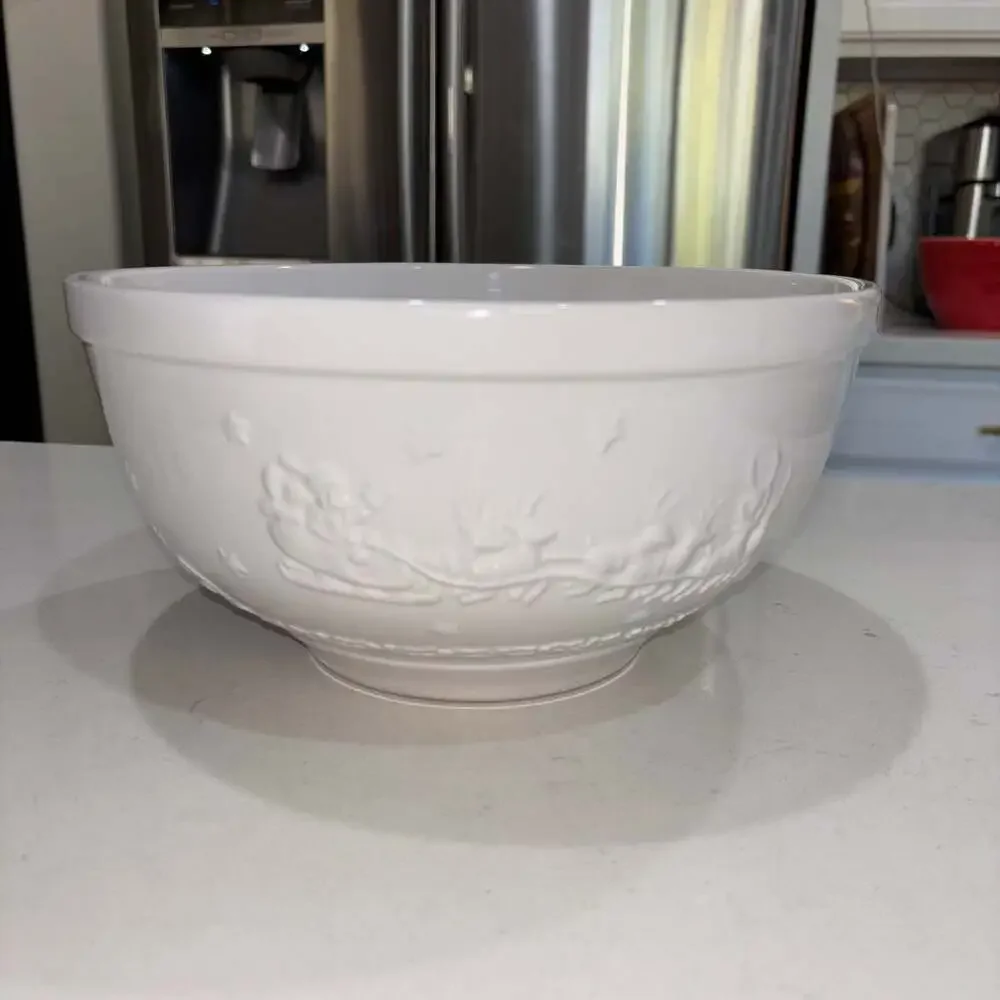White Ceramic Embossed Christmas Bowl with Santa Sleigh and Cabin